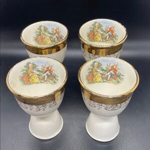 Vintage MCM Gold Gilt Porcelain Romantic Rococo Pastoral Eggs Cups Set of 4